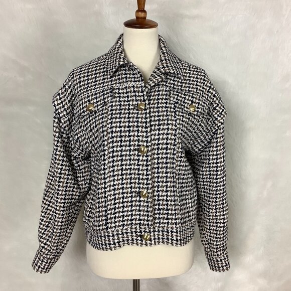 Intermix Ivory, Black, Metallic Gold Houndstooth Kiki Tweed Jacket XS - Picture 1 of 9